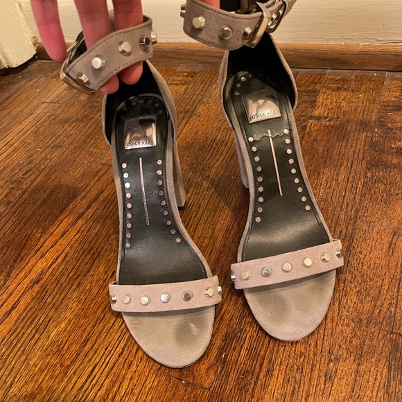 DOLCE VITA Hazella Smoke Suede Chunky 4" Heels w Ankle Straps Metal Studs - Picture 2 of 4